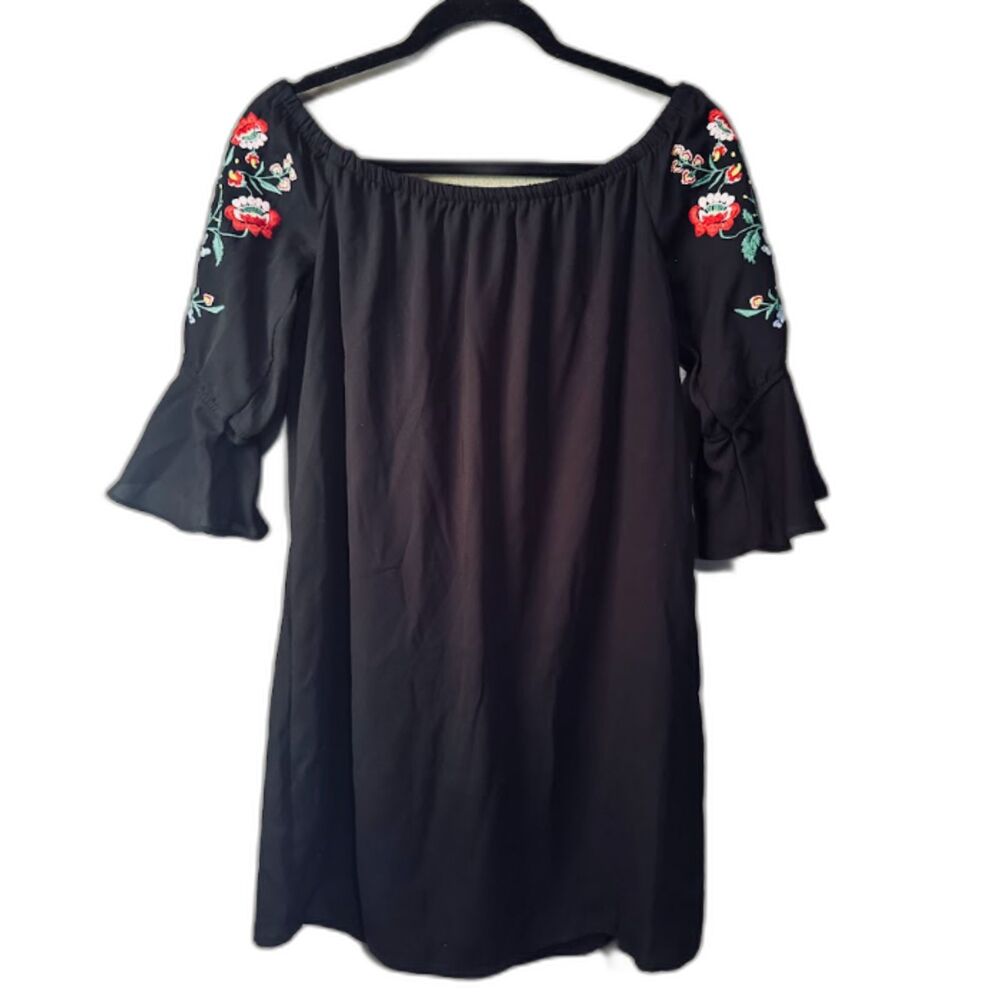Bleuh Ciel Black Peasant Dress M Floral Embroidered Bell Sleeve Bohemian Style